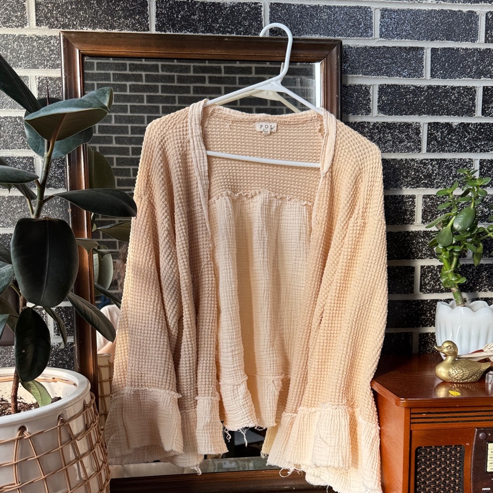 POL cream waffle knit ruffle cardigan, whimsy Goth, cottagecore sweater